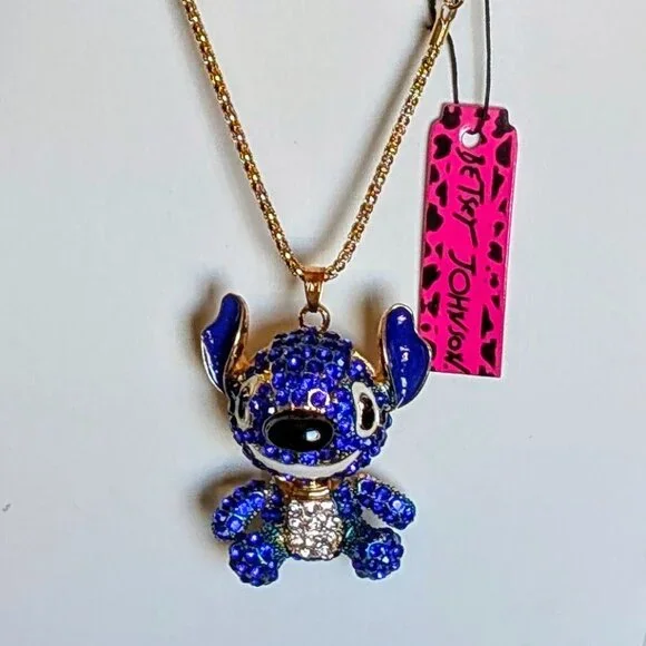 Betsey Johnson Dark Blue Crystal Gold Toned Stitch Necklace - New - Picture 1 of 3